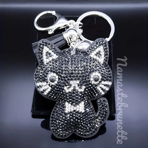 Kitty Cat Crystal Rhinestone Keychain Bag Charm With Black Tassel - Picture 4 of 11